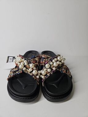Tweed Pearl-Embellished Black Slide Sandals for Women